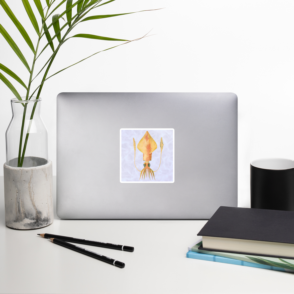 Loligo Vulgaris squid 4x4 vinyl sticker with purple background on a laptop