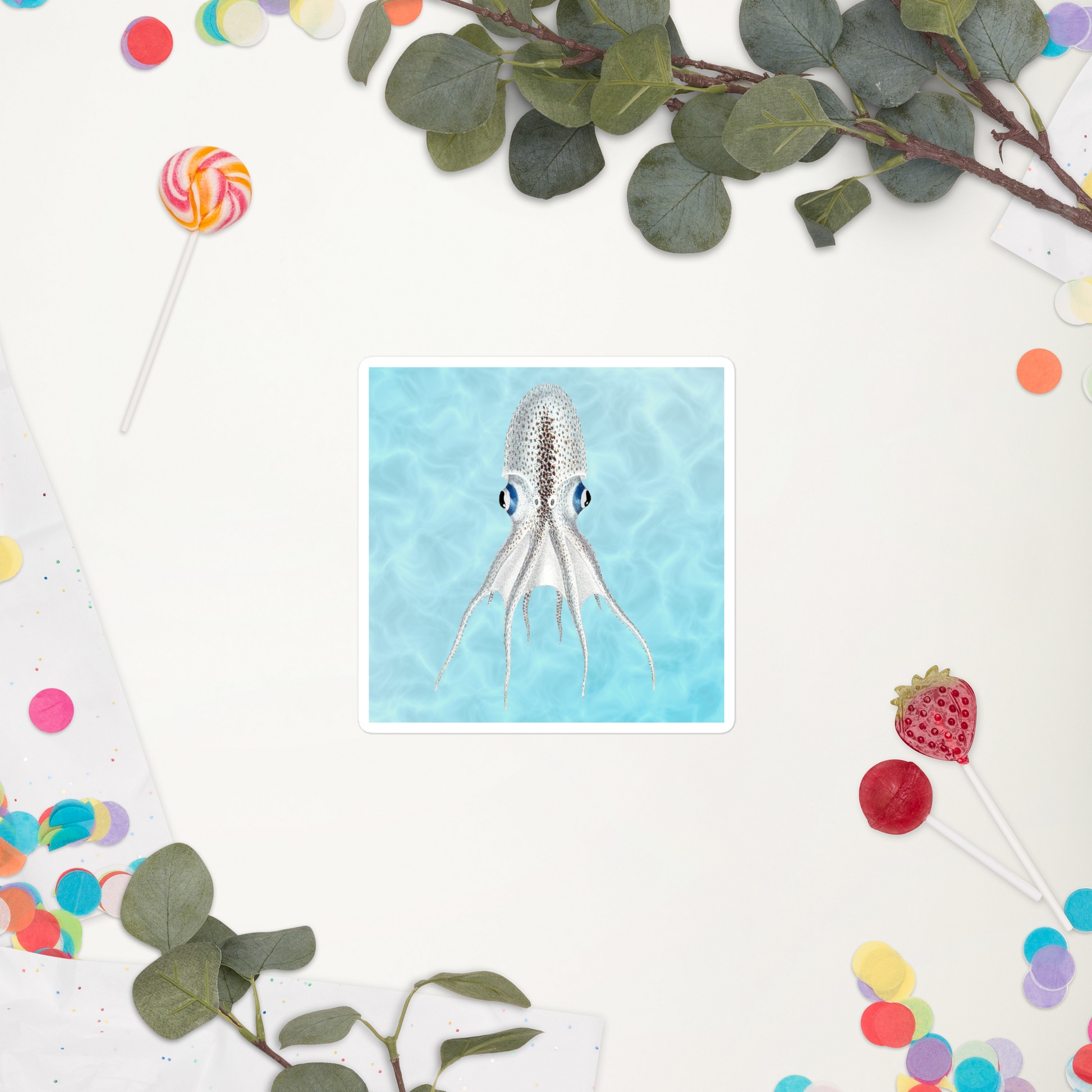 Blanket Octopus 4x4 vinyl sticker with blue background — cephalopod illustration kiss-cut sticker