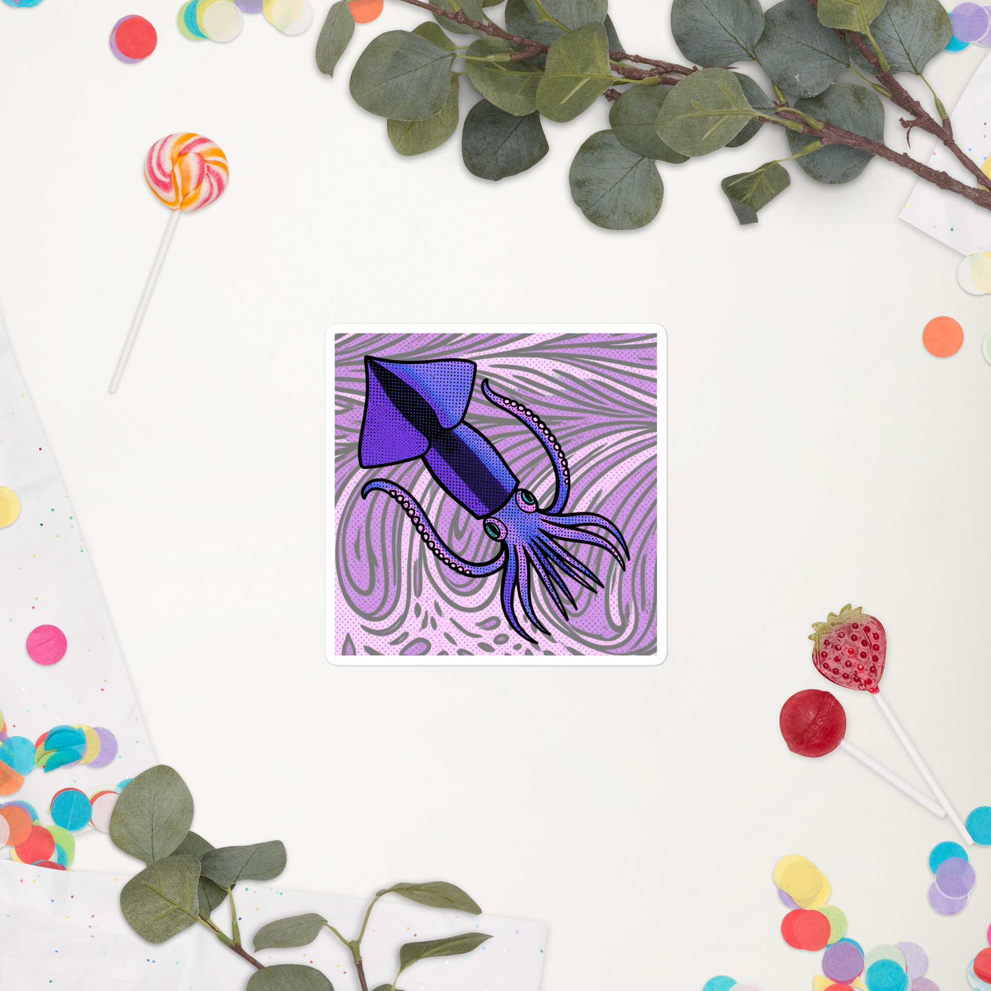 Loligo Todarus Squid pop art vinyl sticker 4x4 — purple squid on lavender swirl halftone background on a purple patterned background, surrounded by green leaves and colorful confetti.