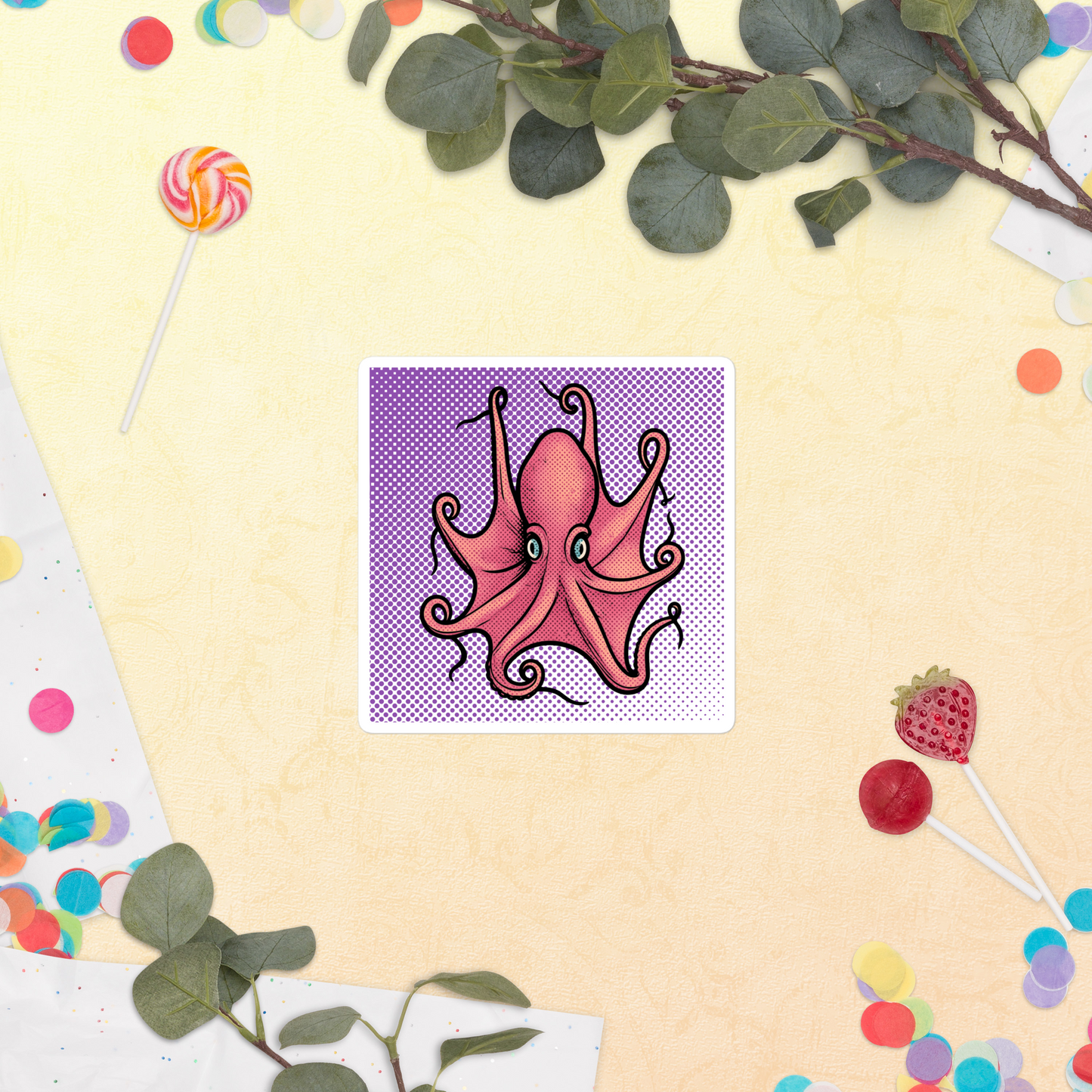 Eledon Aldrovandi Octopus pop art vinyl sticker 4x4 — pink octopus on purple halftone background with decorative elements.