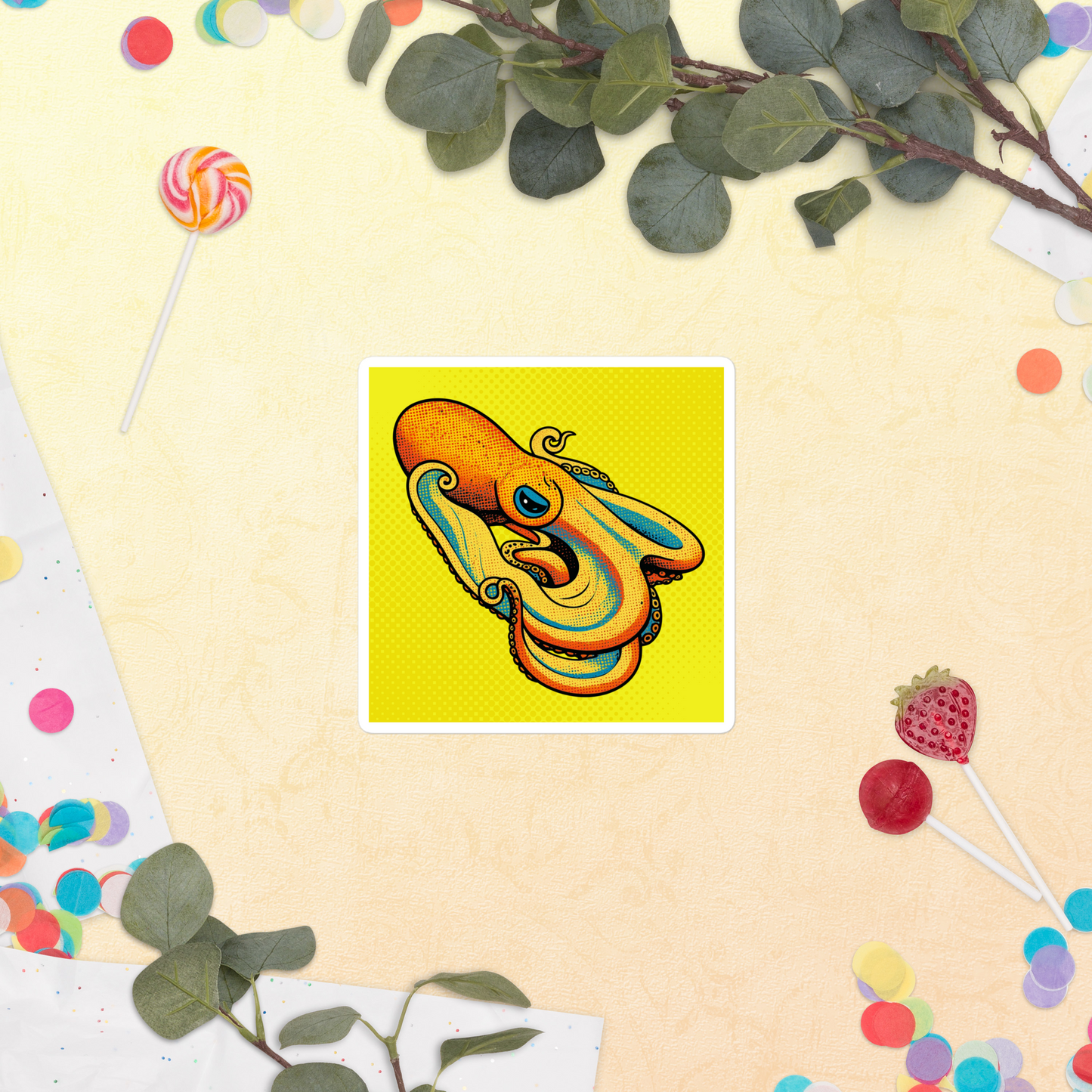 Velodona Octopus pop art vinyl sticker 4x4 — orange and teal octopus on bright yellow halftone background with decorative elements.