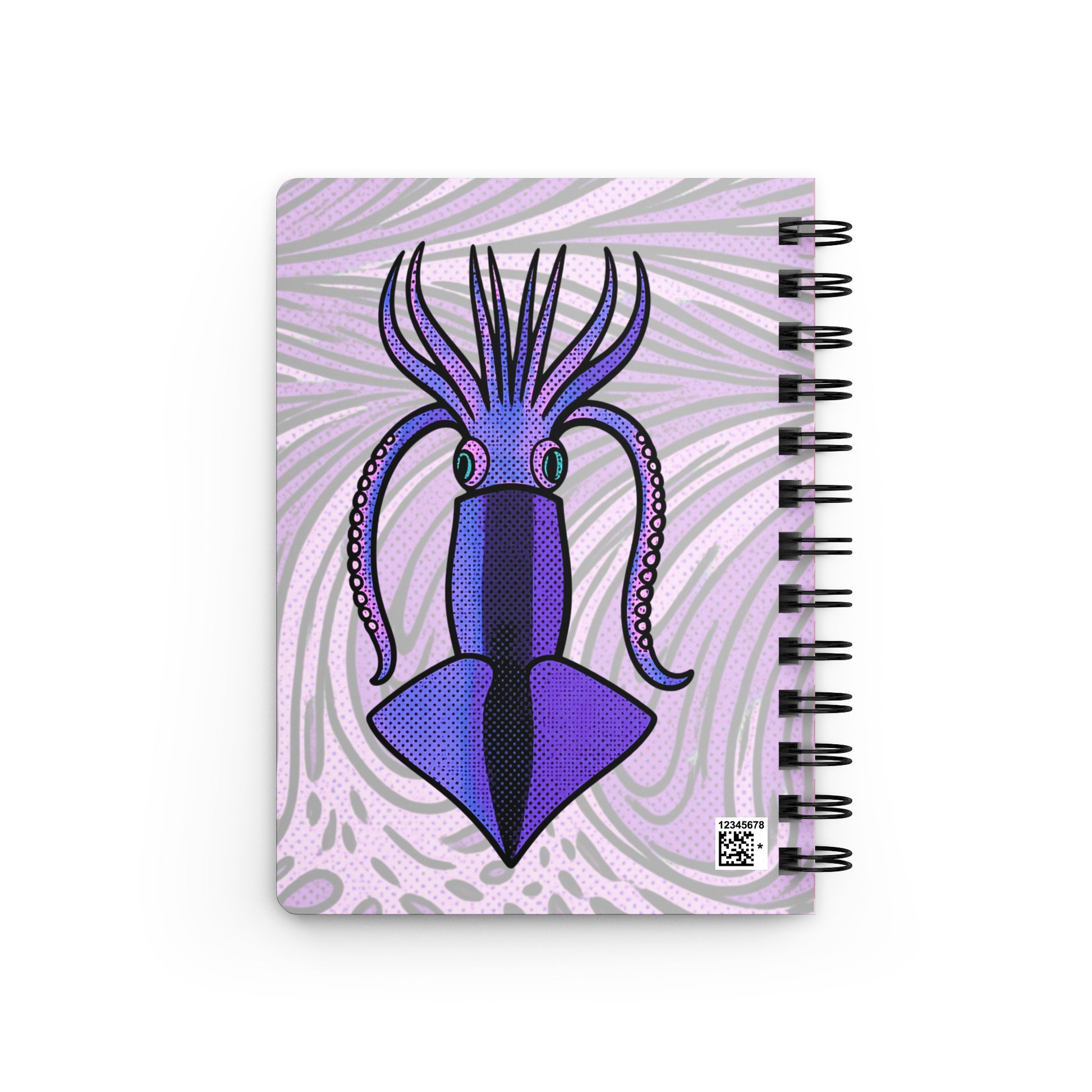 Pop art squid spiral journal — bold pink Loligo squid design on glossy laminated cover with metal spiral binding - back cover