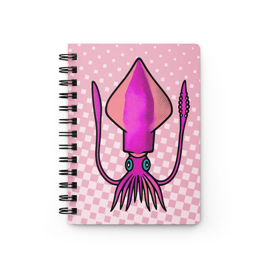 Pop art squid spiral journal — bold pink Loligo squid design on glossy laminated cover with metal spiral binding