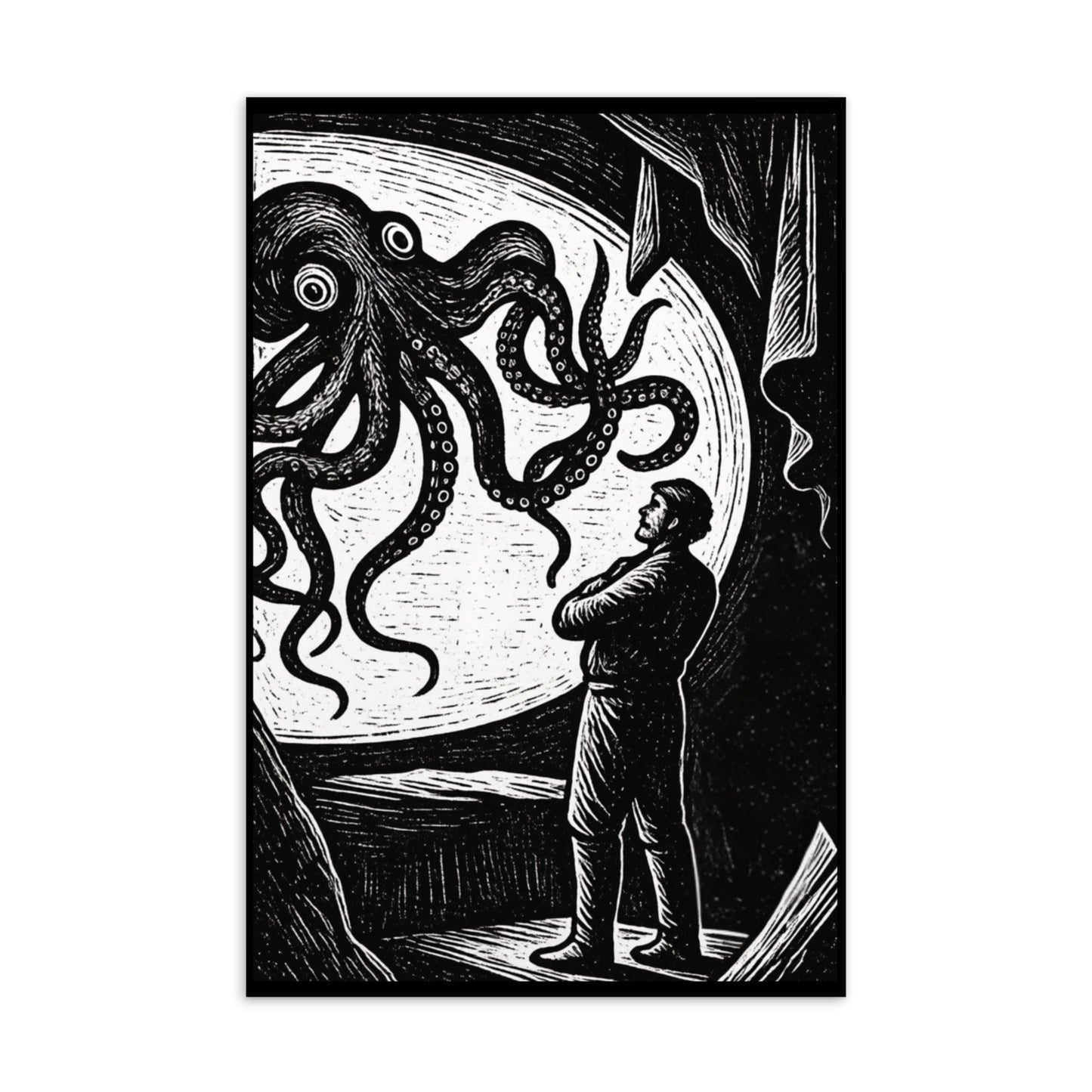 20,000 Leagues Under the Sea lithocut postcard — black and white giant squid scene from Jules Verne illustration