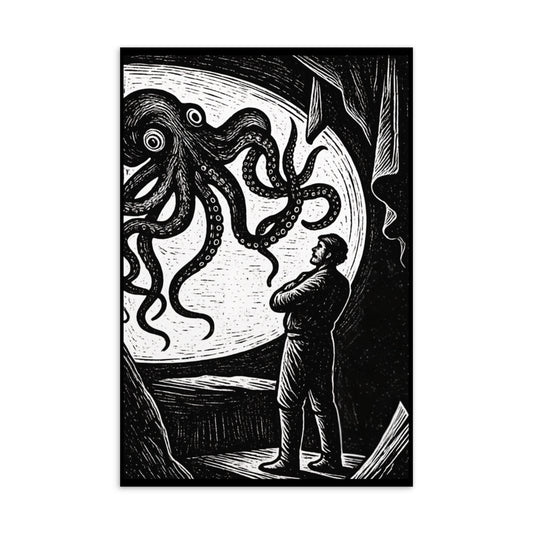 20,000 Leagues Under the Sea lithocut postcard — black and white giant squid scene from Jules Verne illustration