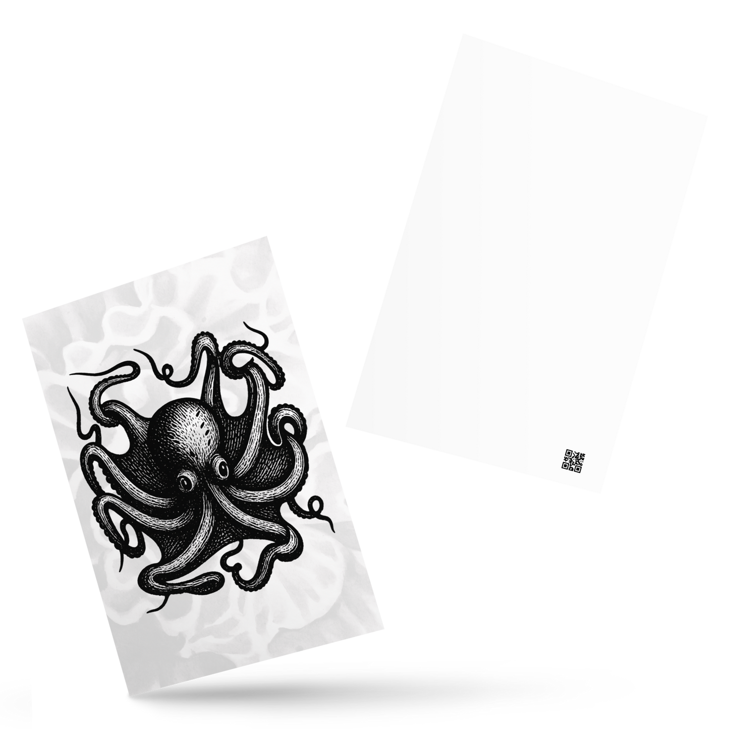 Octopus Vulgaris lithocut postcard — black and white illustration of common octopus with radiating arms
