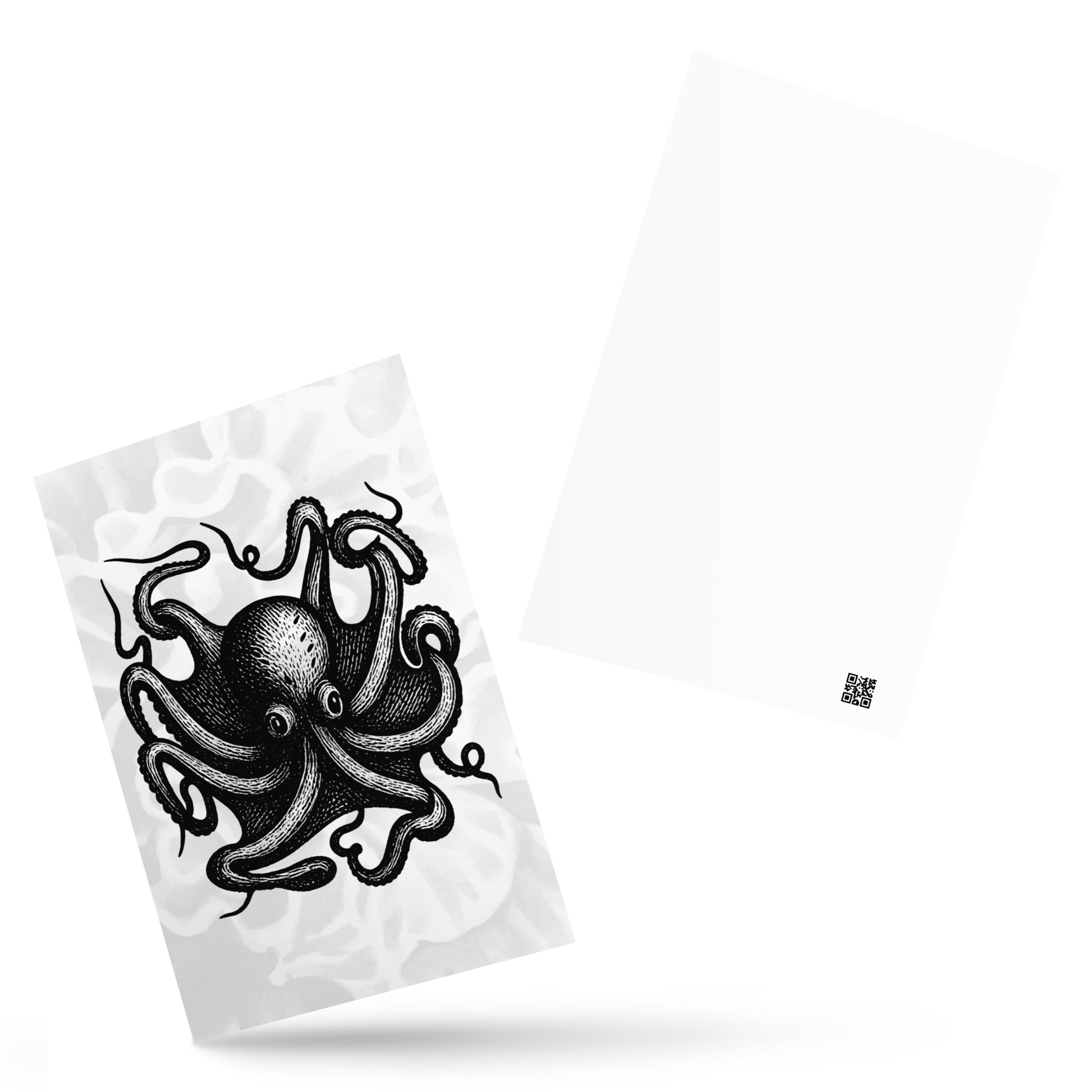 Octopus Vulgaris lithocut postcard — black and white illustration of common octopus with radiating arms
