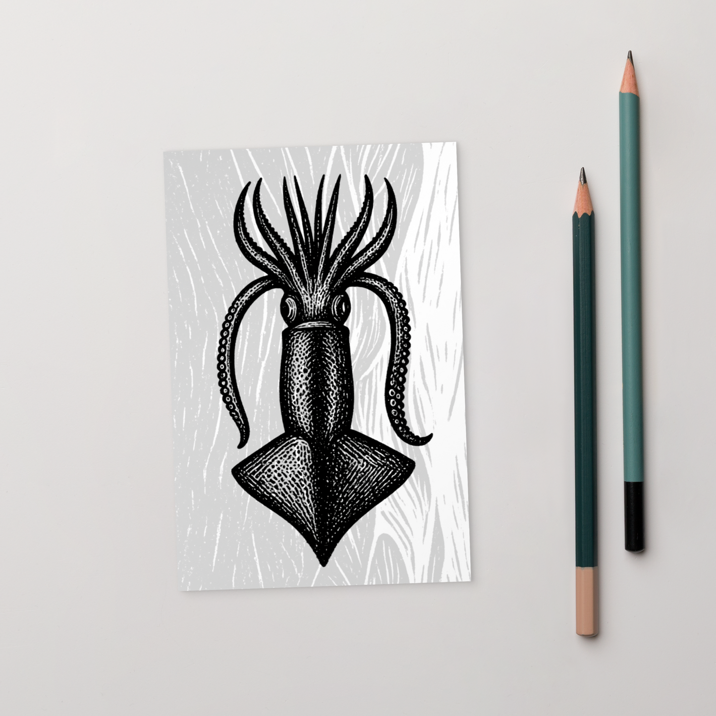 Loligo Todarus Squid lithocut postcard — black and white illustration of European flying squid on textured background with two green pencils on a light gray background