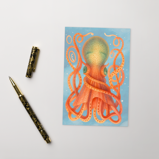 8-Armed Cuttlefish watercolor postcard 4x6 — soft coral and pink cuttlefish with blue ocean wave background on premium cardstock, accompanied by two ornate pens.