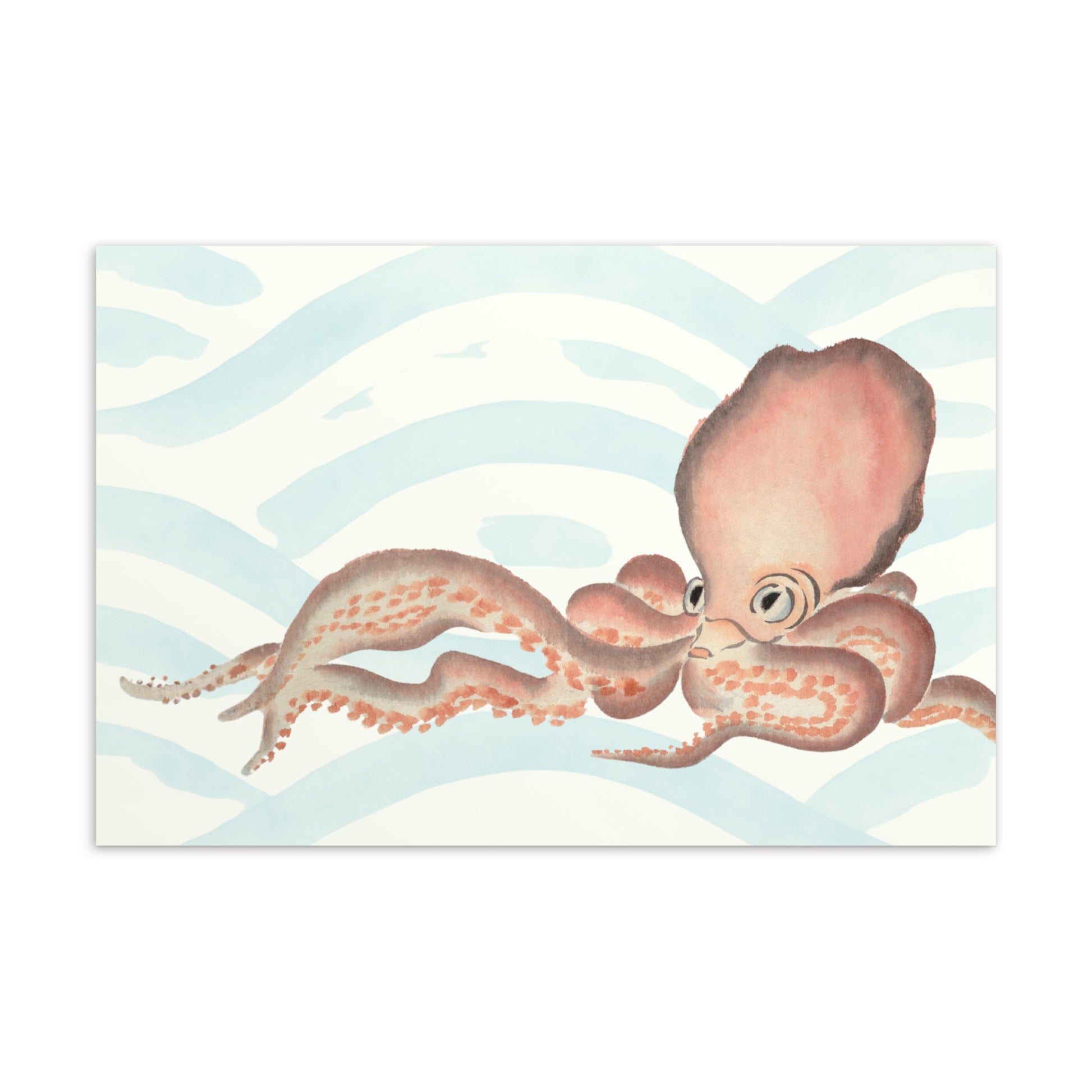 Japanese octopus illustration postcard 4x6 — soft pink watercolor octopus with blue ocean wave background on premium cardstock