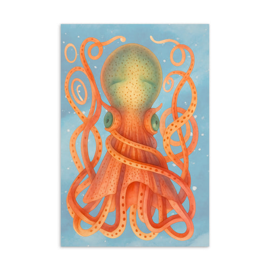 8-Armed Cuttlefish watercolor postcard 4x6 — soft coral and pink cuttlefish with blue ocean wave background on premium cardstock