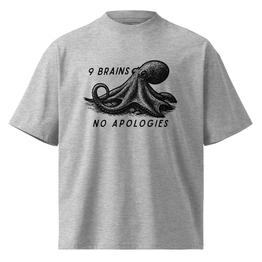 9 Brains No Apologies giant Pacific octopus linocut oversized t-shirt in heather gray — relaxed fit cephalopod tee