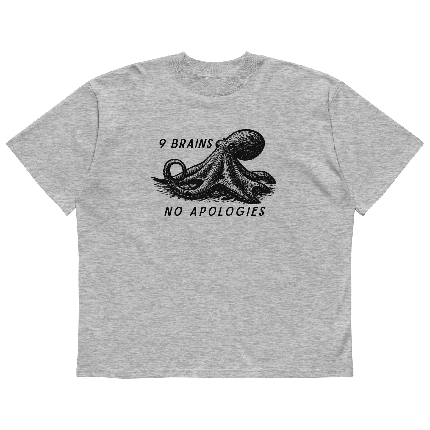9 Brains No Apologies giant Pacific octopus linocut oversized t-shirt in heather gray — relaxed fit cephalopod tee