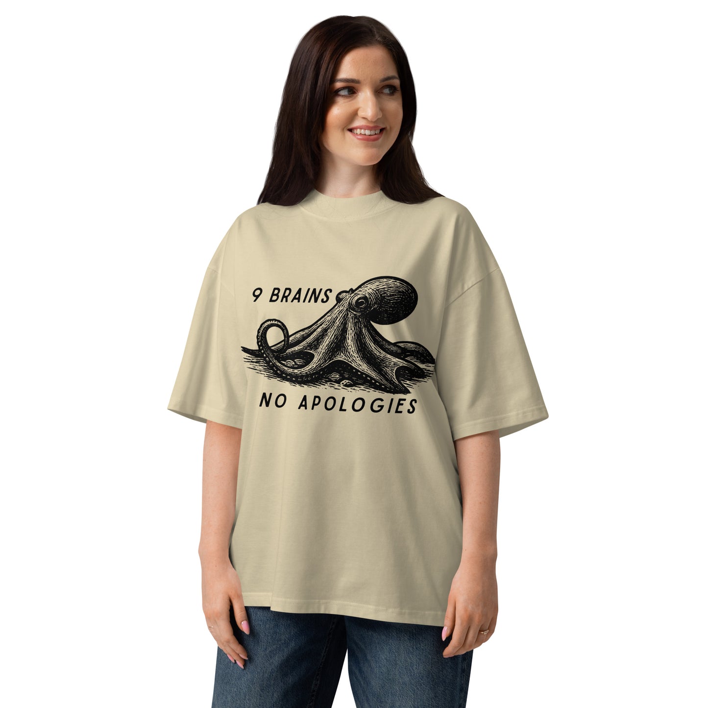 9 Brains No Apologies giant Pacific octopus linocut oversized t-shirt in heather gray — relaxed fit cephalopod tee