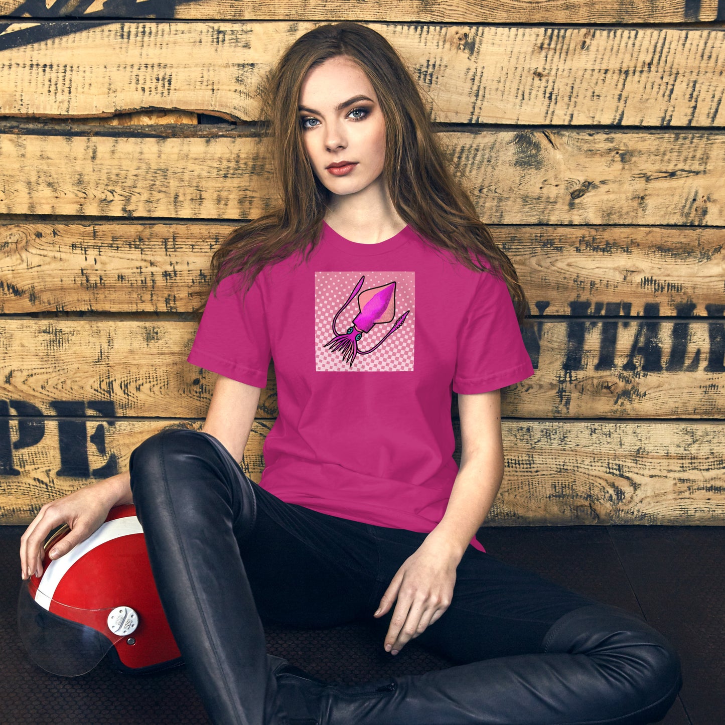 Loligo Vulgaris Squid pop art t-shirt — purple and pink squid illustration on bright unisex Bella Canvas tee
