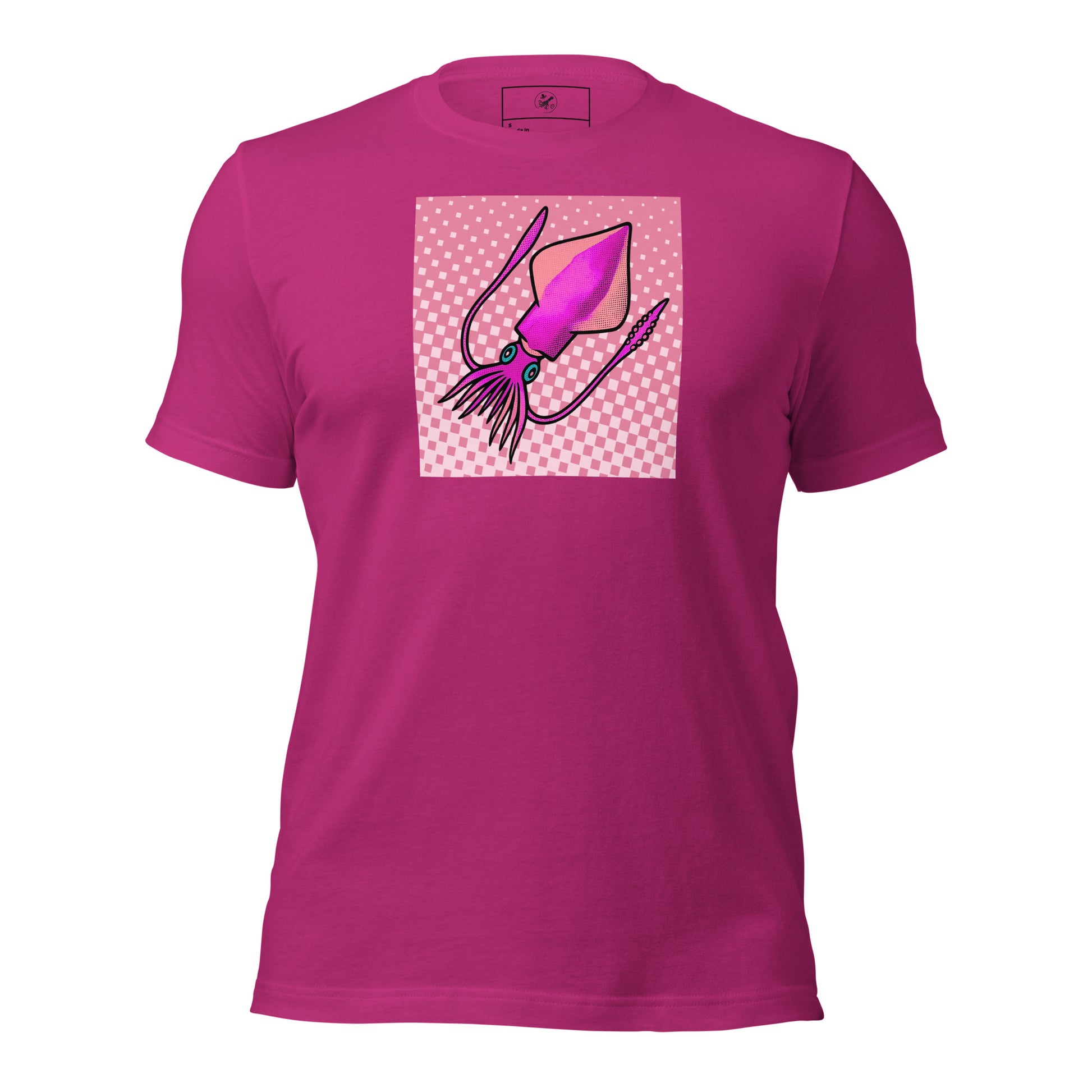 Loligo Vulgaris Squid pop art t-shirt — purple and pink squid illustration on bright unisex Bella Canvas tee