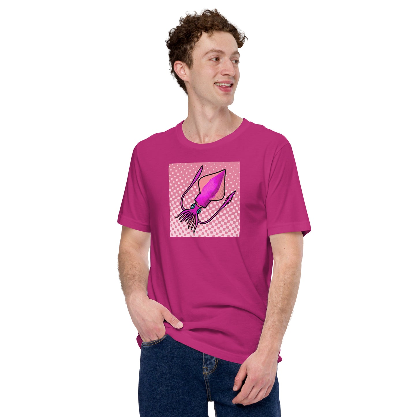 Loligo Vulgaris Squid pop art t-shirt — purple and pink squid illustration on bright unisex Bella Canvas tee
