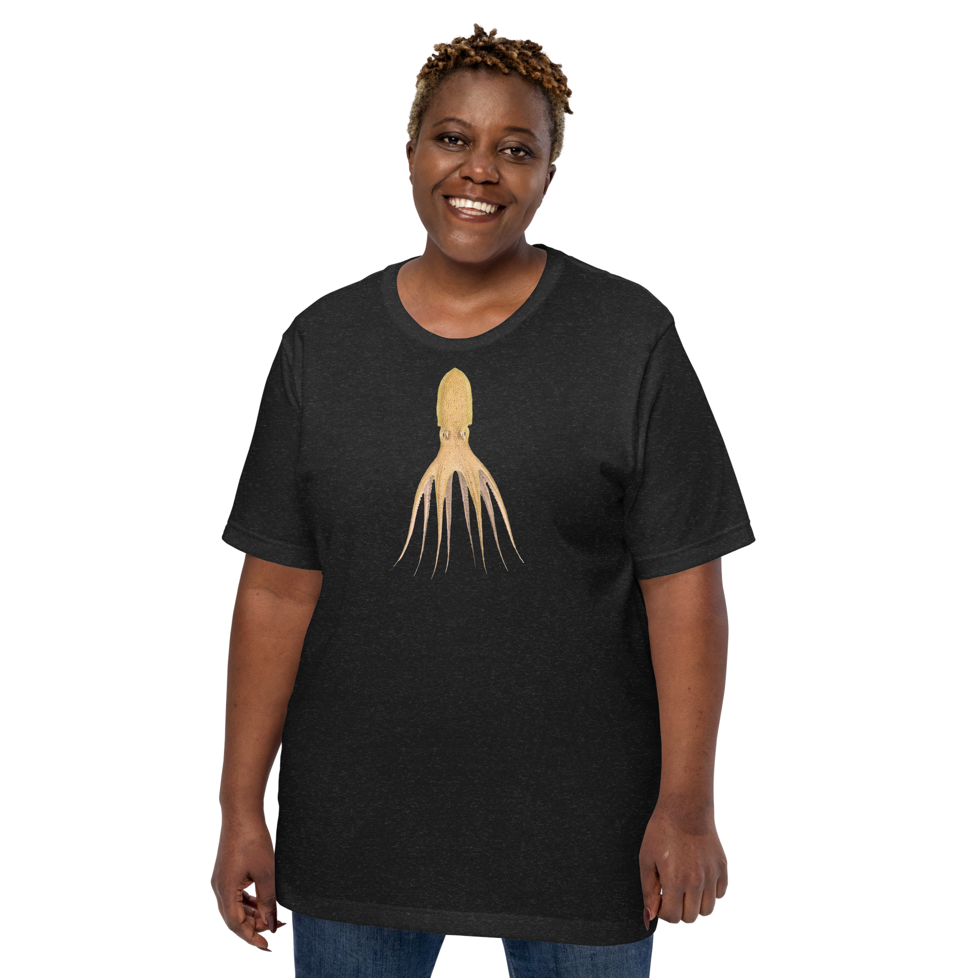 Octopus Cocco tee in Black Heather - cephalopod art on soft unisex tee