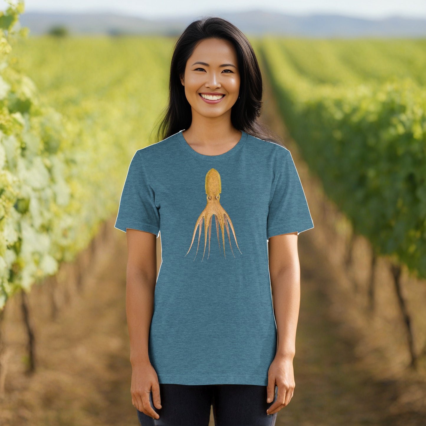 Octopus Cocco tee in Heather Deep Teal - cephalopod art on soft unisex tee