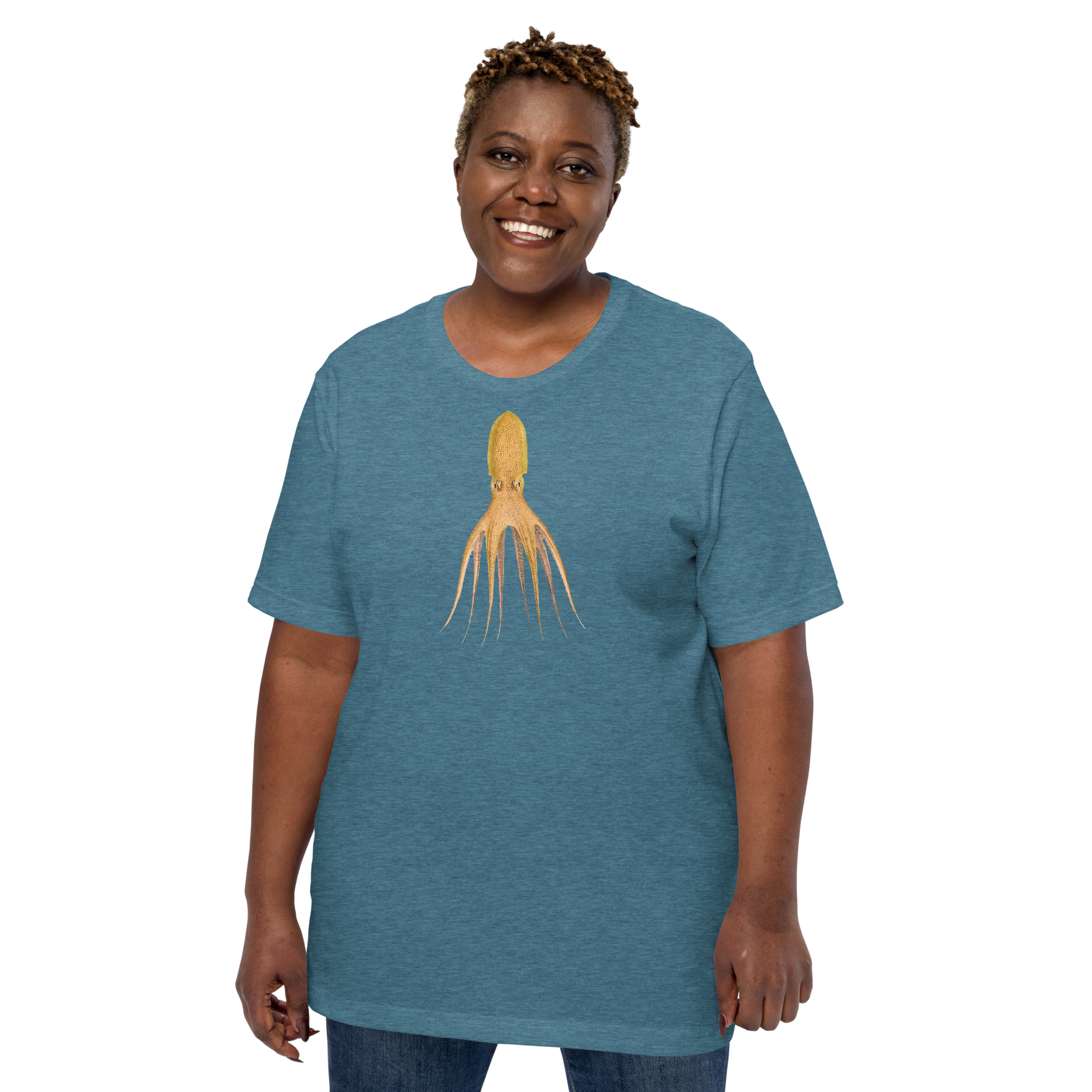 Octopus Cocco tee in Heather Deep Teal - cephalopod art on soft unisex tee