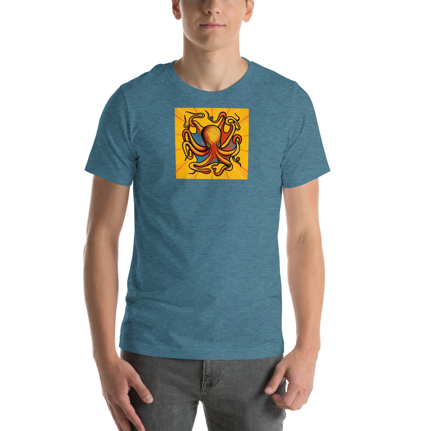 Octopus Vulgaris pop art t-shirt — bold orange and blue octopus illustration on unisex Bella Canvas tee