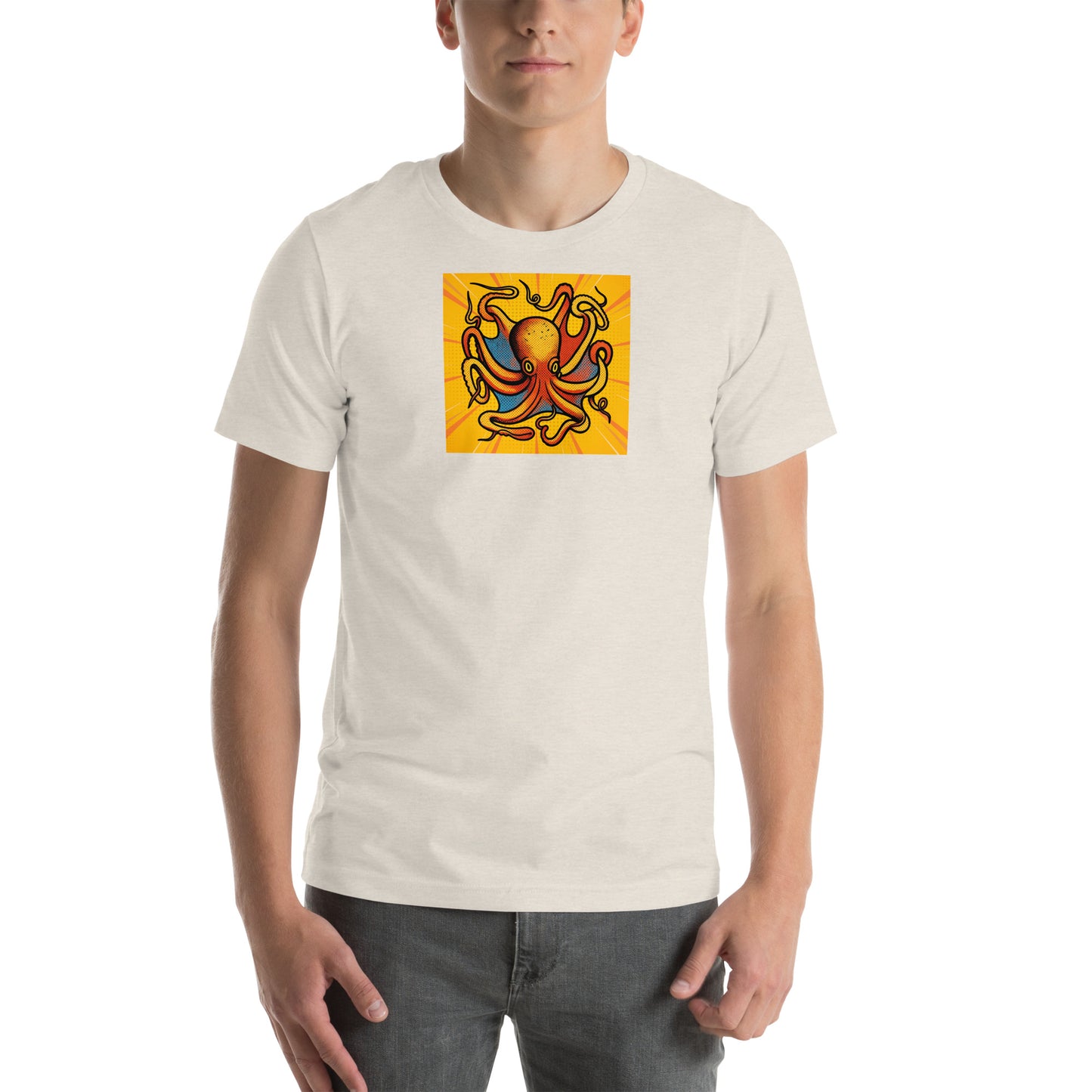 Octopus Vulgaris pop art t-shirt — bold orange and blue octopus illustration on unisex Bella Canvas tee