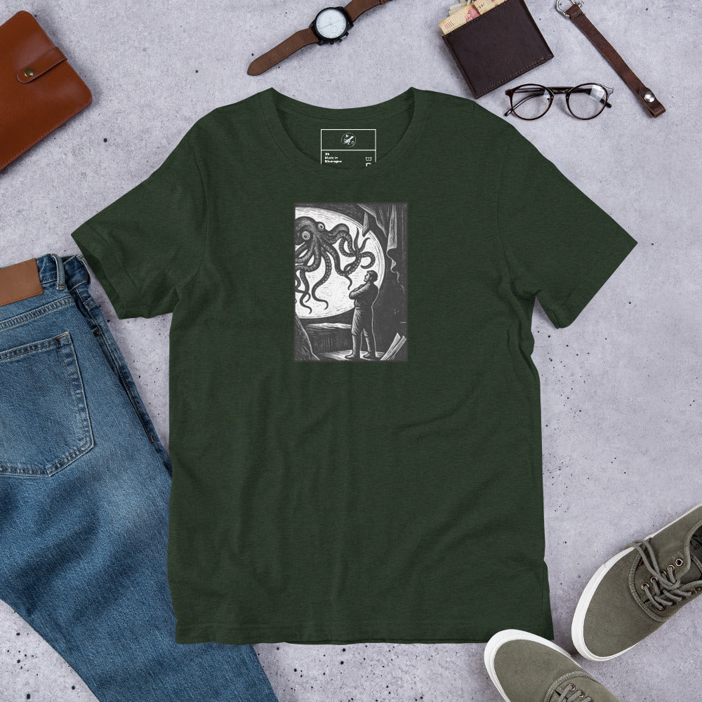 20,000 Leagues Under the Sea vintage lithographic illustration t-shirt — giant squid scene on dark unisex Bella Canvas tee
