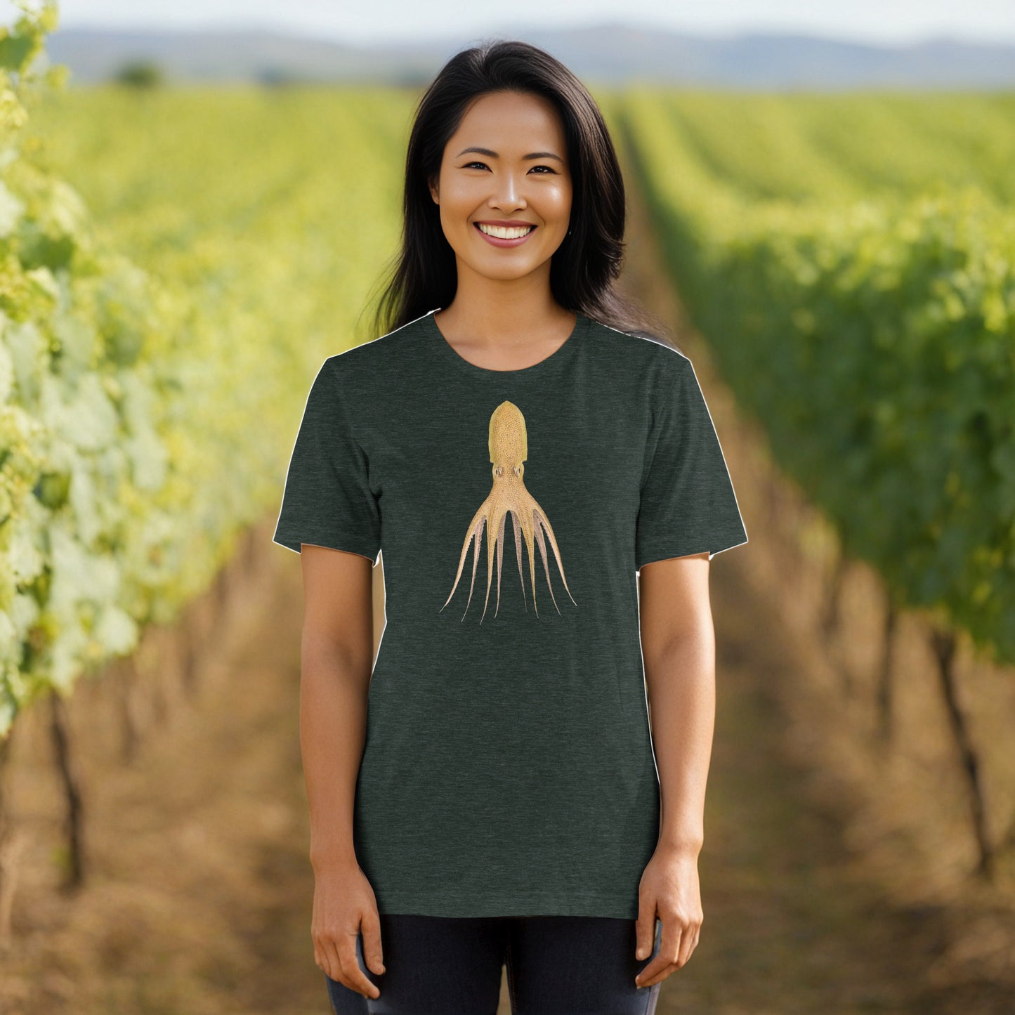 Octopus Cocco tee in Heather forest cephalopod art on soft unisex tee