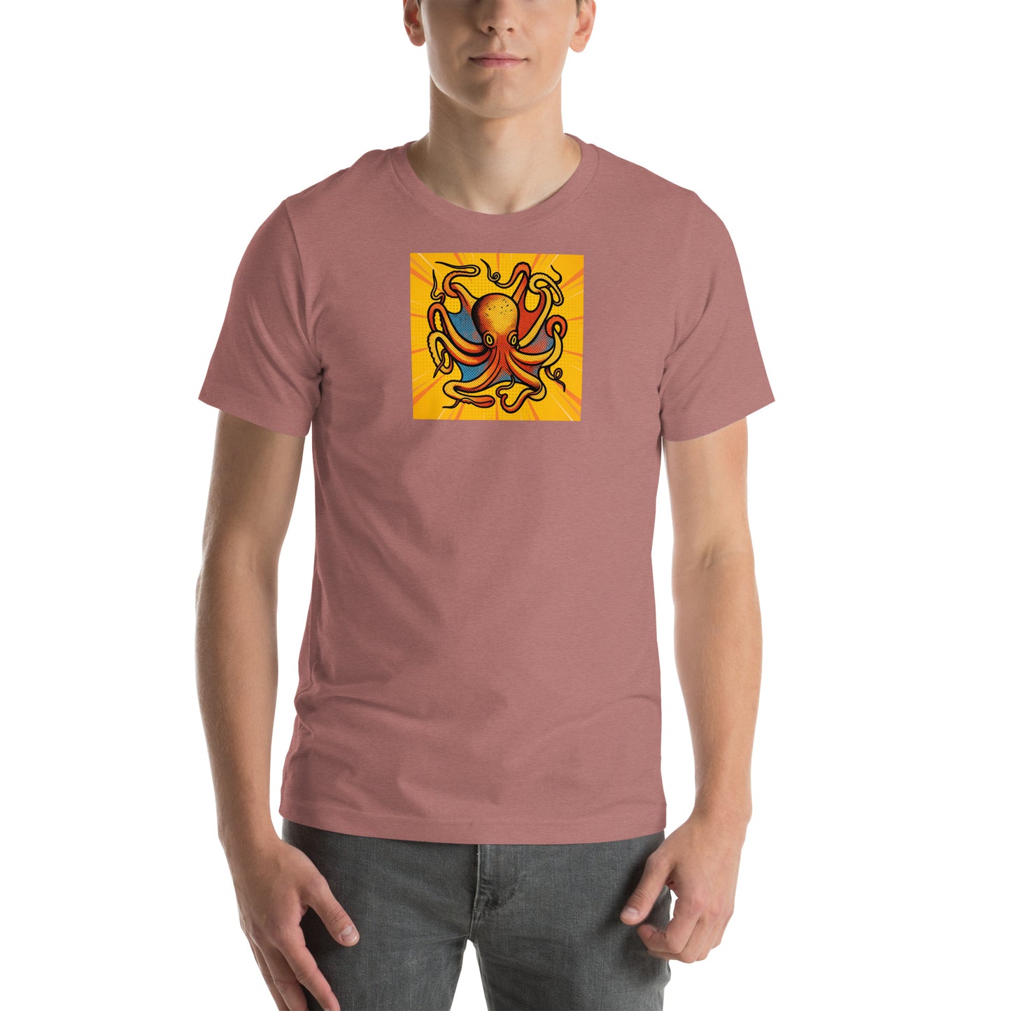 Octopus Vulgaris pop art t-shirt — bold orange and blue octopus illustration on unisex Bella Canvas tee