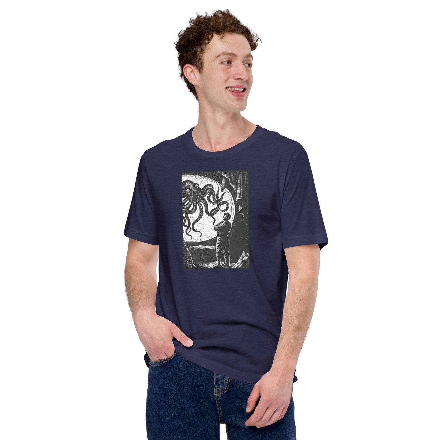 20,000 Leagues Under the Sea vintage lithographic illustration t-shirt — giant squid scene on dark unisex Bella Canvas tee