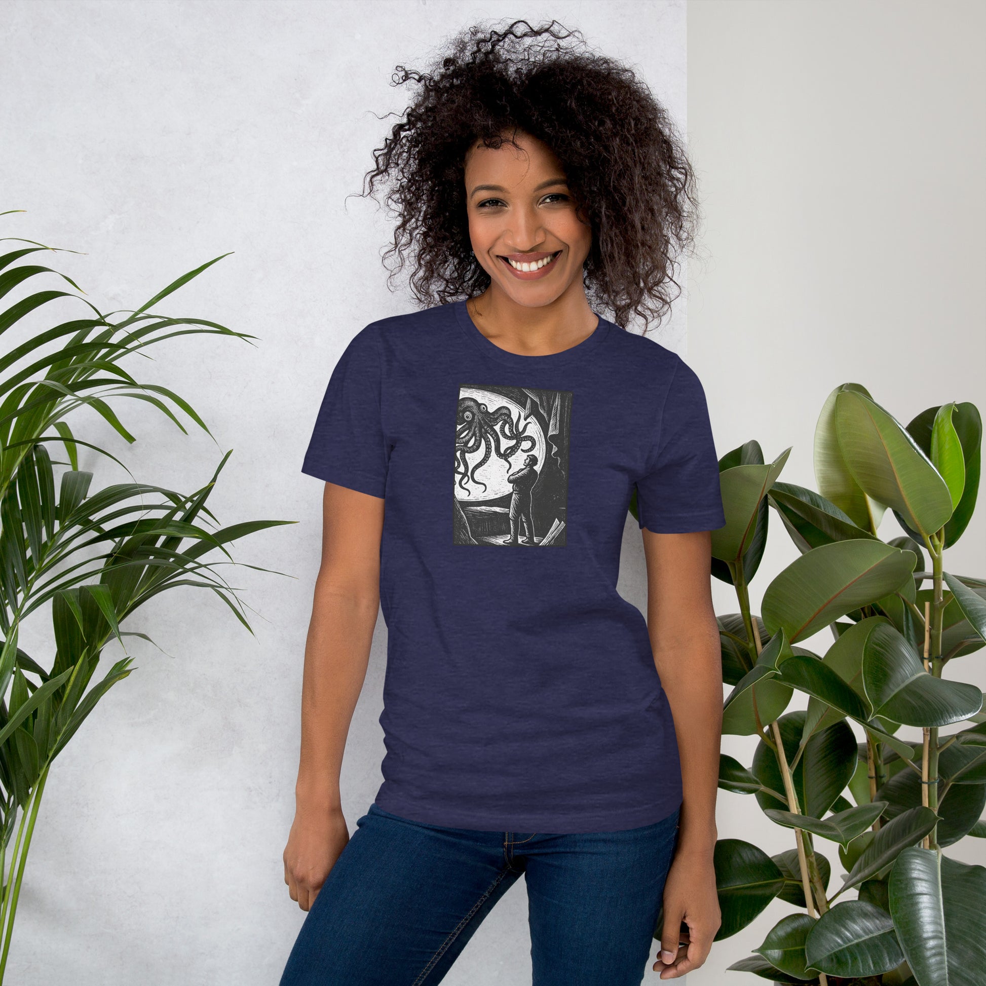 20,000 Leagues Under the Sea vintage lithographic illustration t-shirt — giant squid scene on dark unisex Bella Canvas tee
