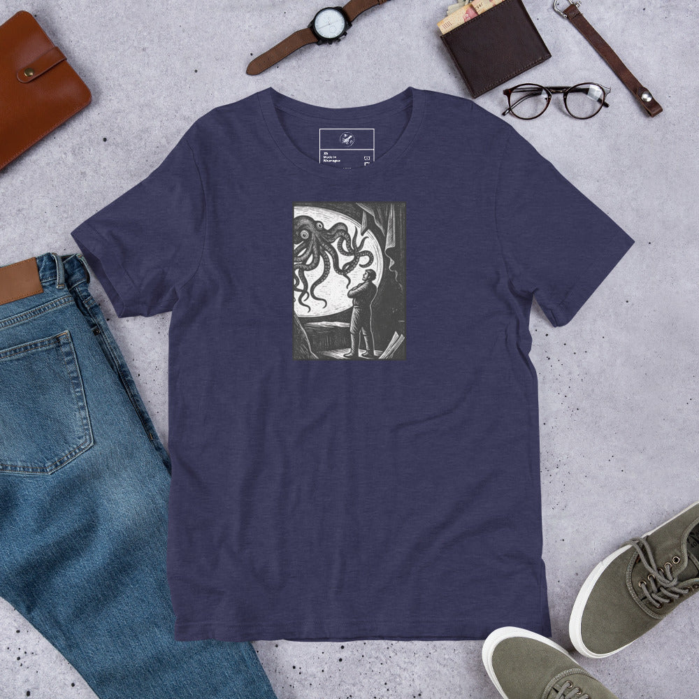 20,000 Leagues Under the Sea vintage lithographic illustration t-shirt — giant squid scene on dark unisex Bella Canvas tee