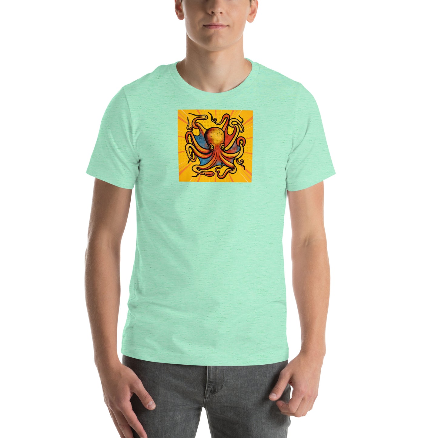Octopus Vulgaris pop art t-shirt — bold orange and blue octopus illustration on unisex Bella Canvas tee