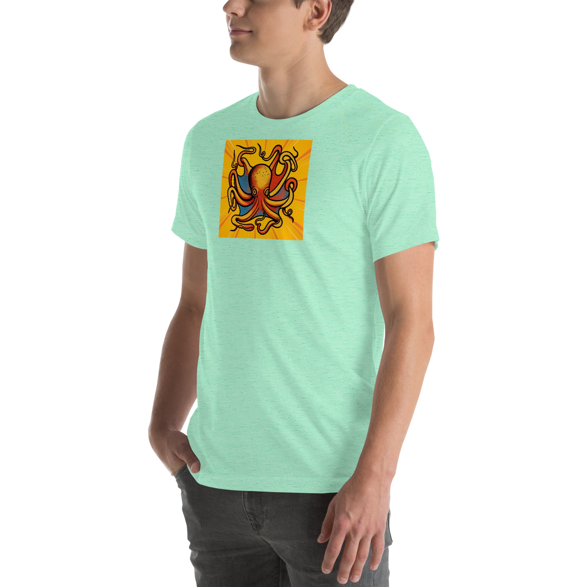 Octopus Vulgaris pop art t-shirt — bold orange and blue octopus illustration on unisex Bella Canvas tee
