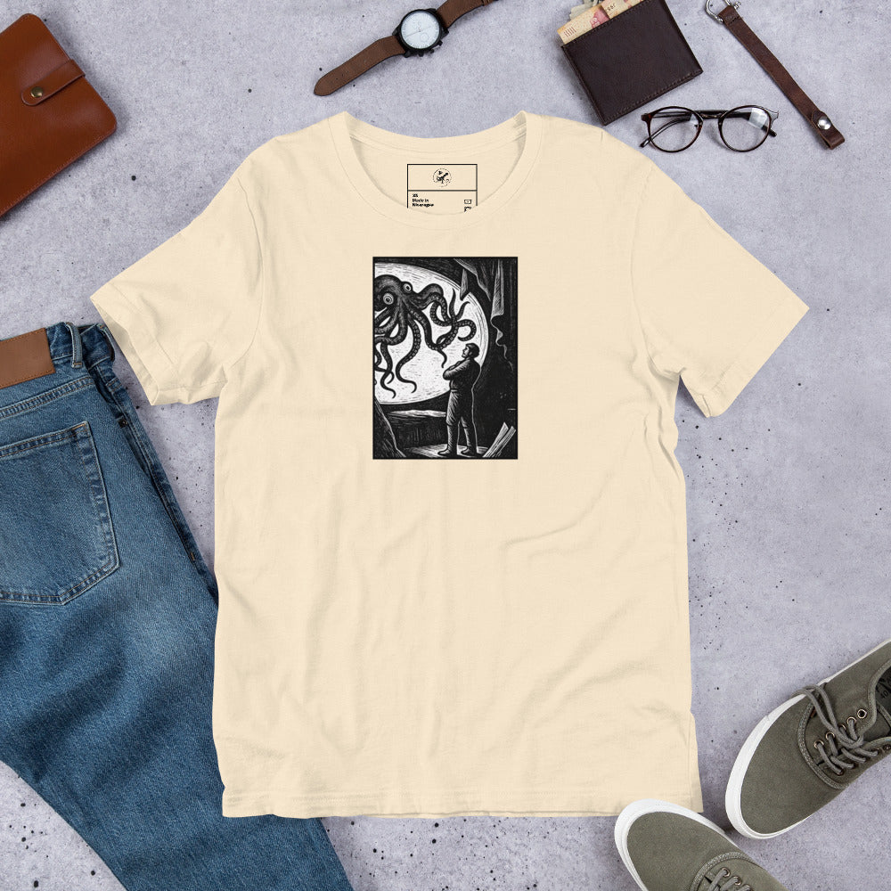 20,000 Leagues Under the Sea vintage lithographic illustration t-shirt — giant squid scene on dark unisex Bella Canvas tee