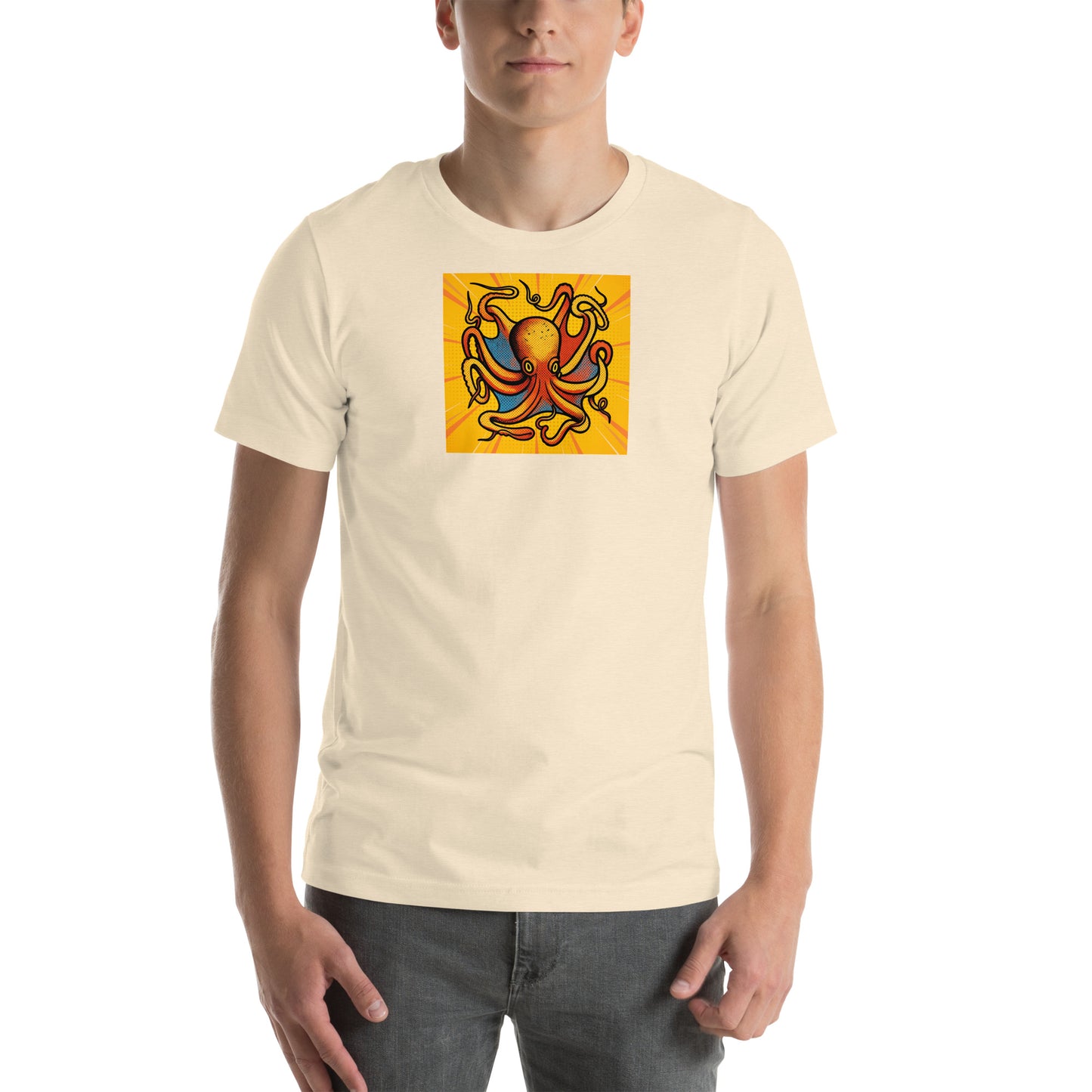 Octopus Vulgaris pop art t-shirt — bold orange and blue octopus illustration on unisex Bella Canvas tee