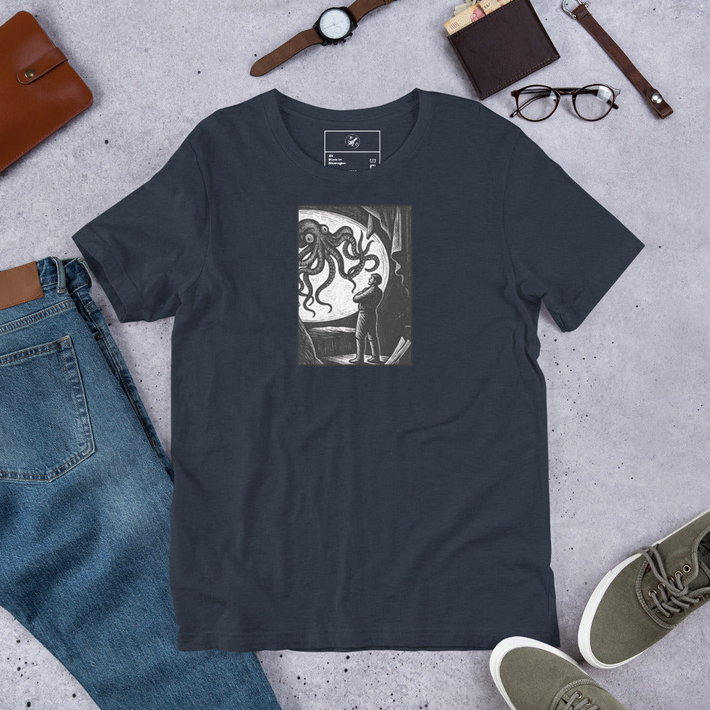 20,000 Leagues Under the Sea vintage lithographic illustration t-shirt — giant squid scene on dark unisex Bella Canvas tee