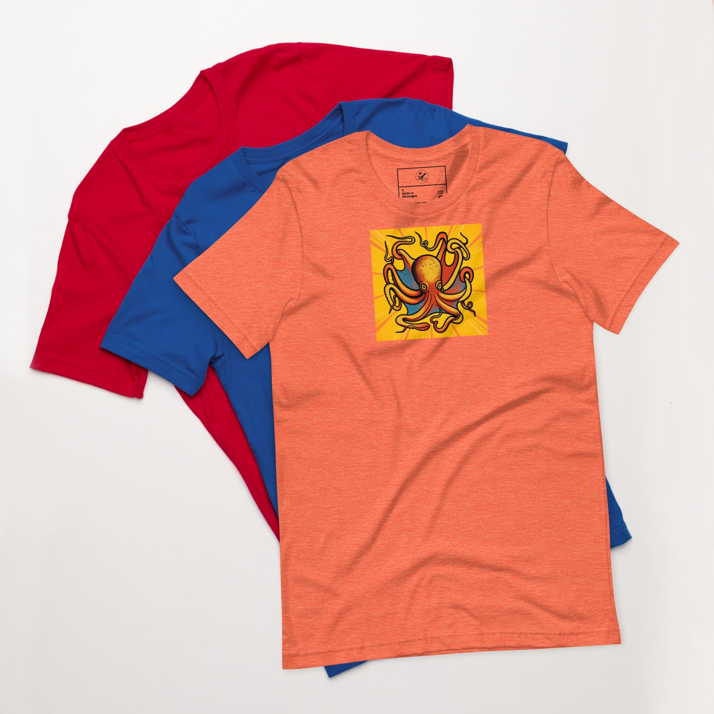 Octopus Vulgaris pop art t-shirt — bold orange and blue octopus illustration on unisex Bella Canvas tee