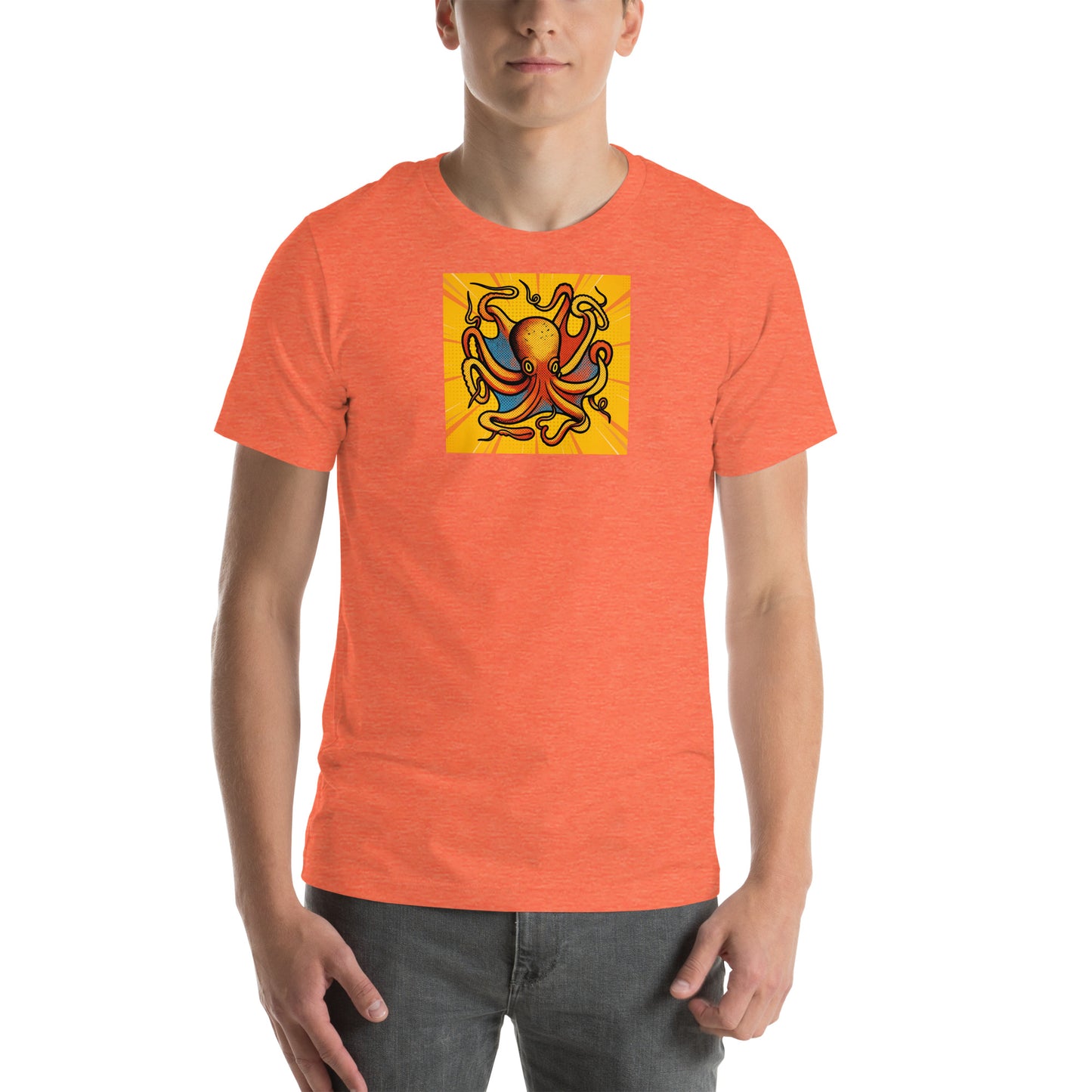 Octopus Vulgaris pop art t-shirt — bold orange and blue octopus illustration on unisex Bella Canvas tee