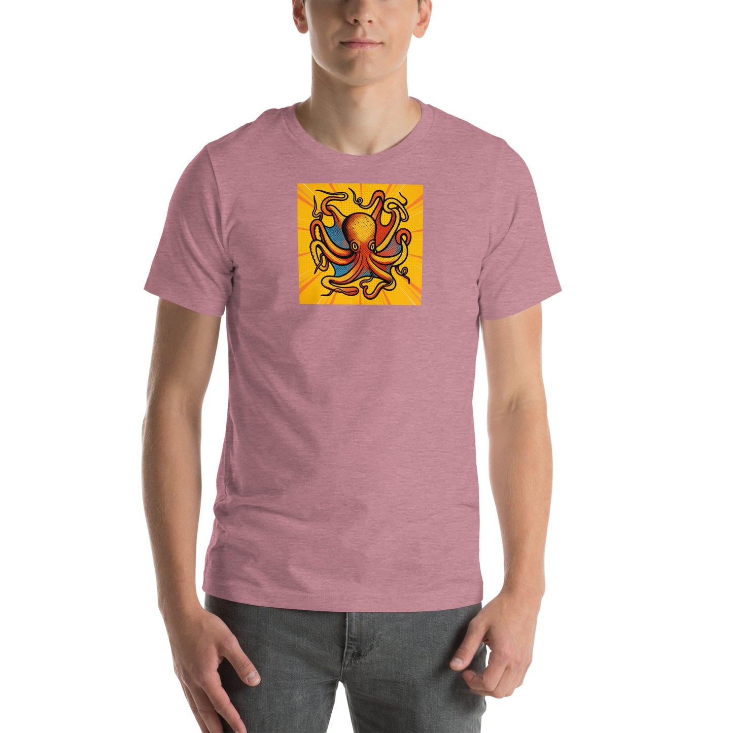 Octopus Vulgaris pop art t-shirt — bold orange and blue octopus illustration on unisex Bella Canvas tee