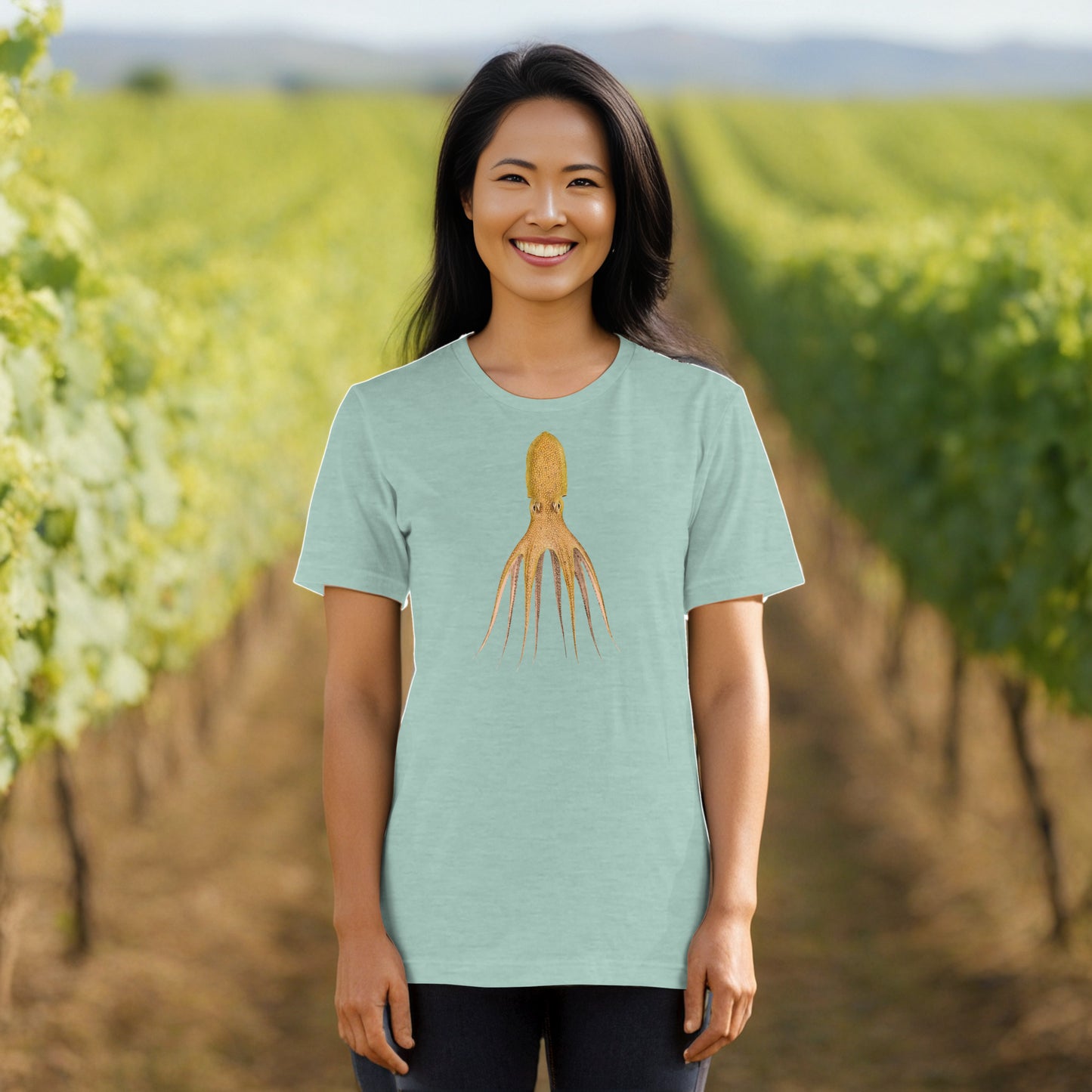 Octopus Cocco tee in Heather Dusty Blue - cephalopod art on soft unisex tee