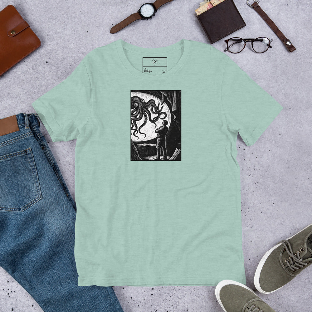 20,000 Leagues Under the Sea vintage lithographic illustration t-shirt — giant squid scene on dark unisex Bella Canvas tee
