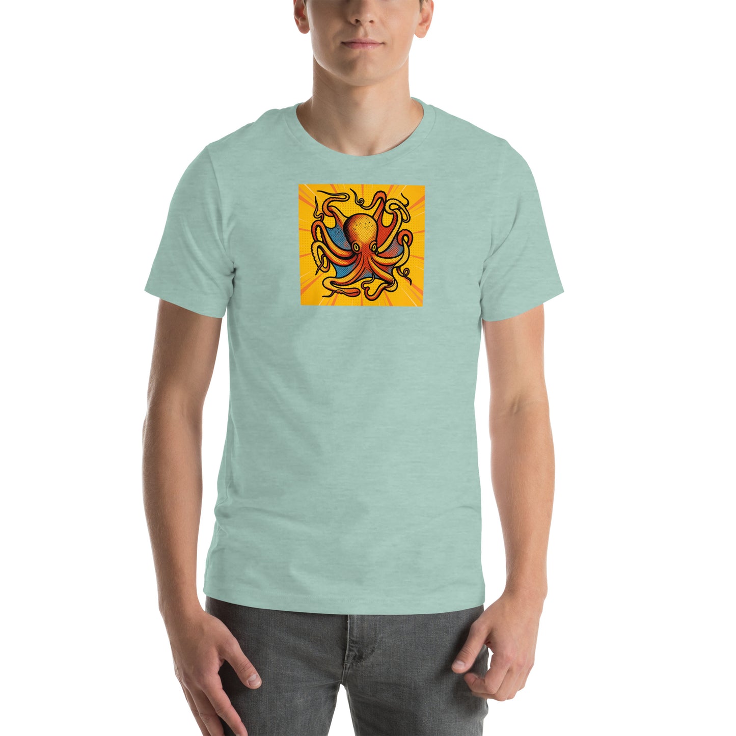 Octopus Vulgaris pop art t-shirt — bold orange and blue octopus illustration on unisex Bella Canvas tee