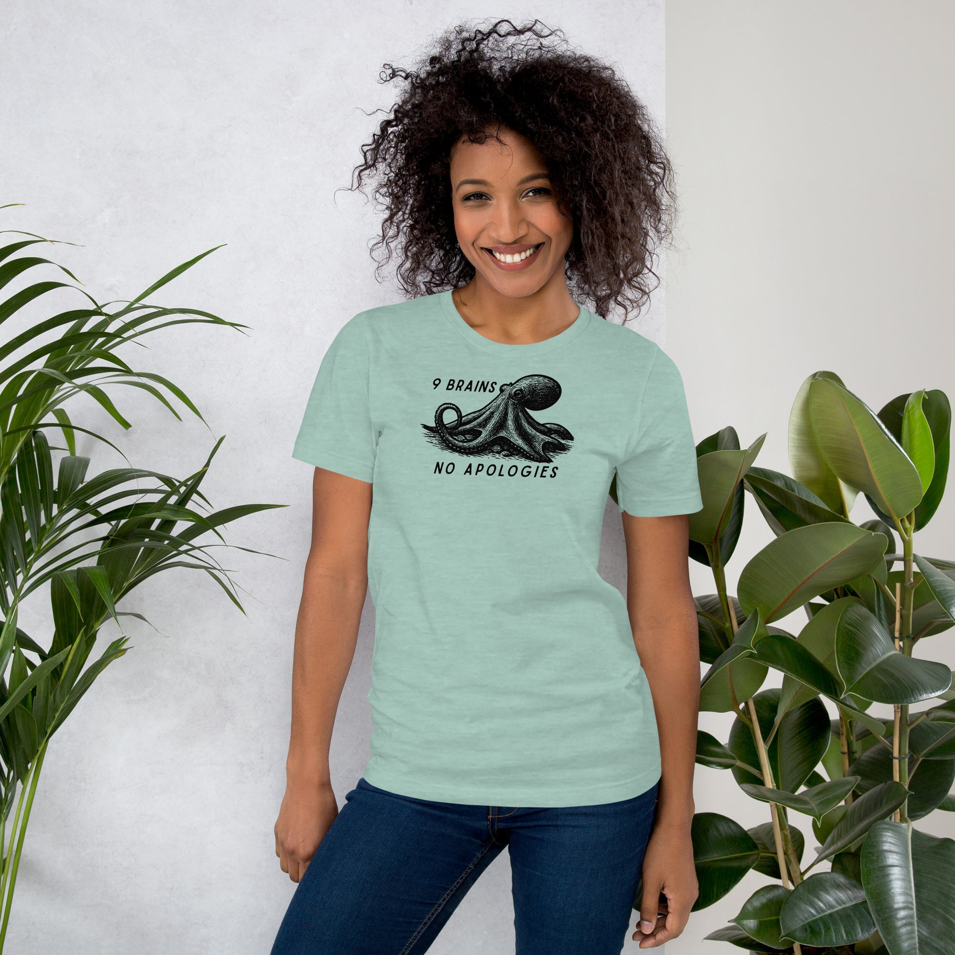 9 Brains No Apologies giant Pacific octopus linocut youth t-shirt on young girl — kids cephalopod tee