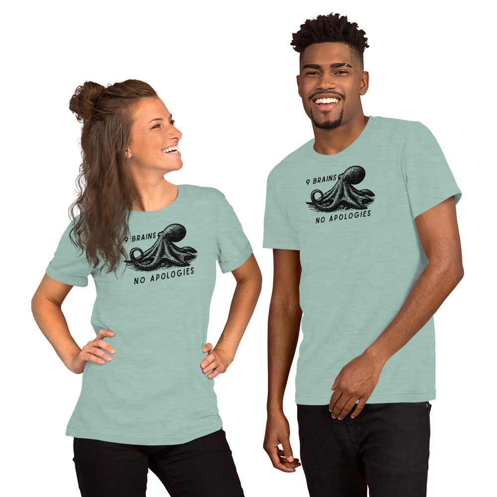 9 Brains No Apologies giant Pacific octopus linocut youth t-shirt on young girl — kids cephalopod tee