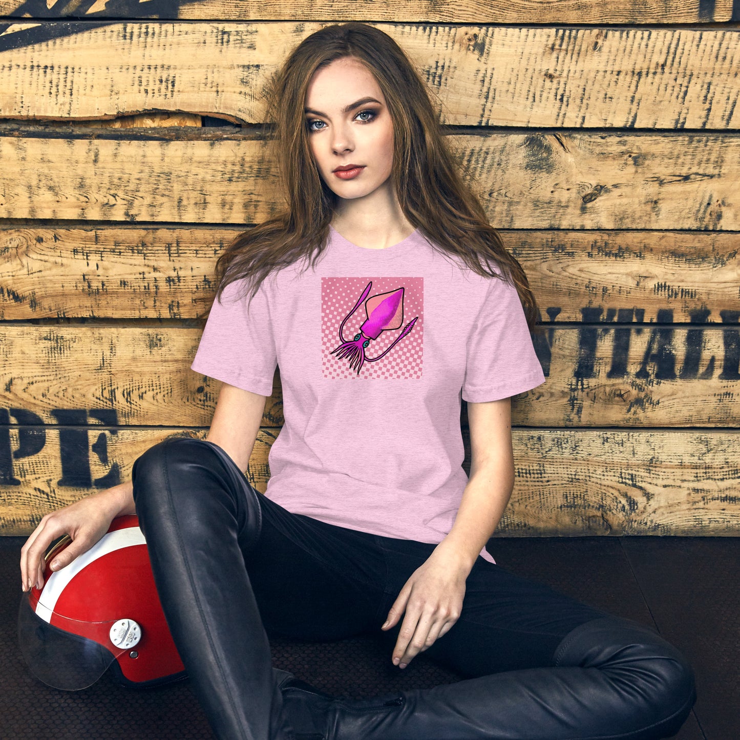 Loligo Vulgaris Squid pop art t-shirt — purple and pink squid illustration on bright unisex Bella Canvas tee