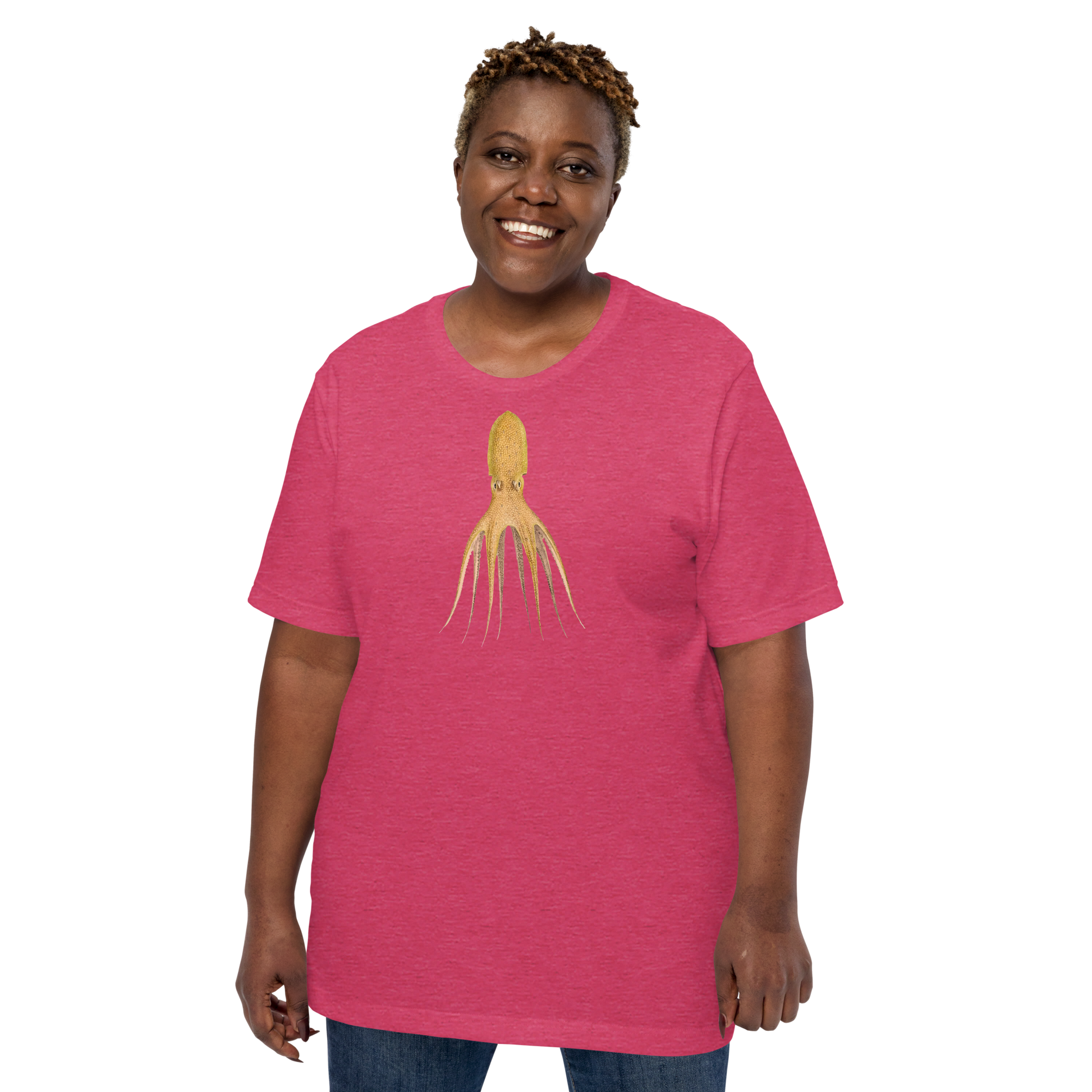 Octopus Cocco tee in Heather Raspberry - cephalopod art on soft unisex tee