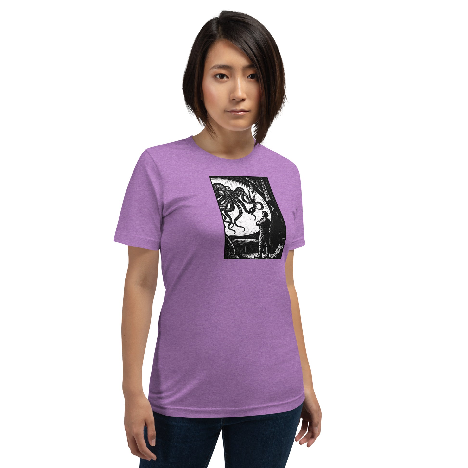 20,000 Leagues Under the Sea vintage lithographic illustration t-shirt — giant squid scene on dark unisex Bella Canvas tee