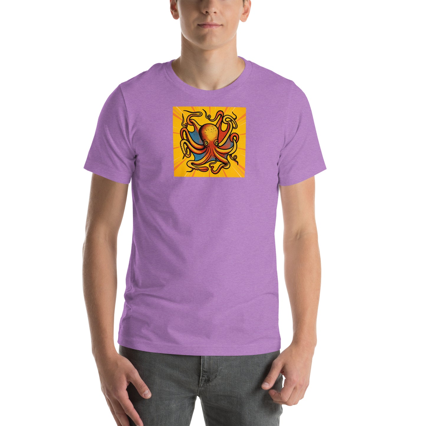 Octopus Vulgaris pop art t-shirt — bold orange and blue octopus illustration on unisex Bella Canvas tee