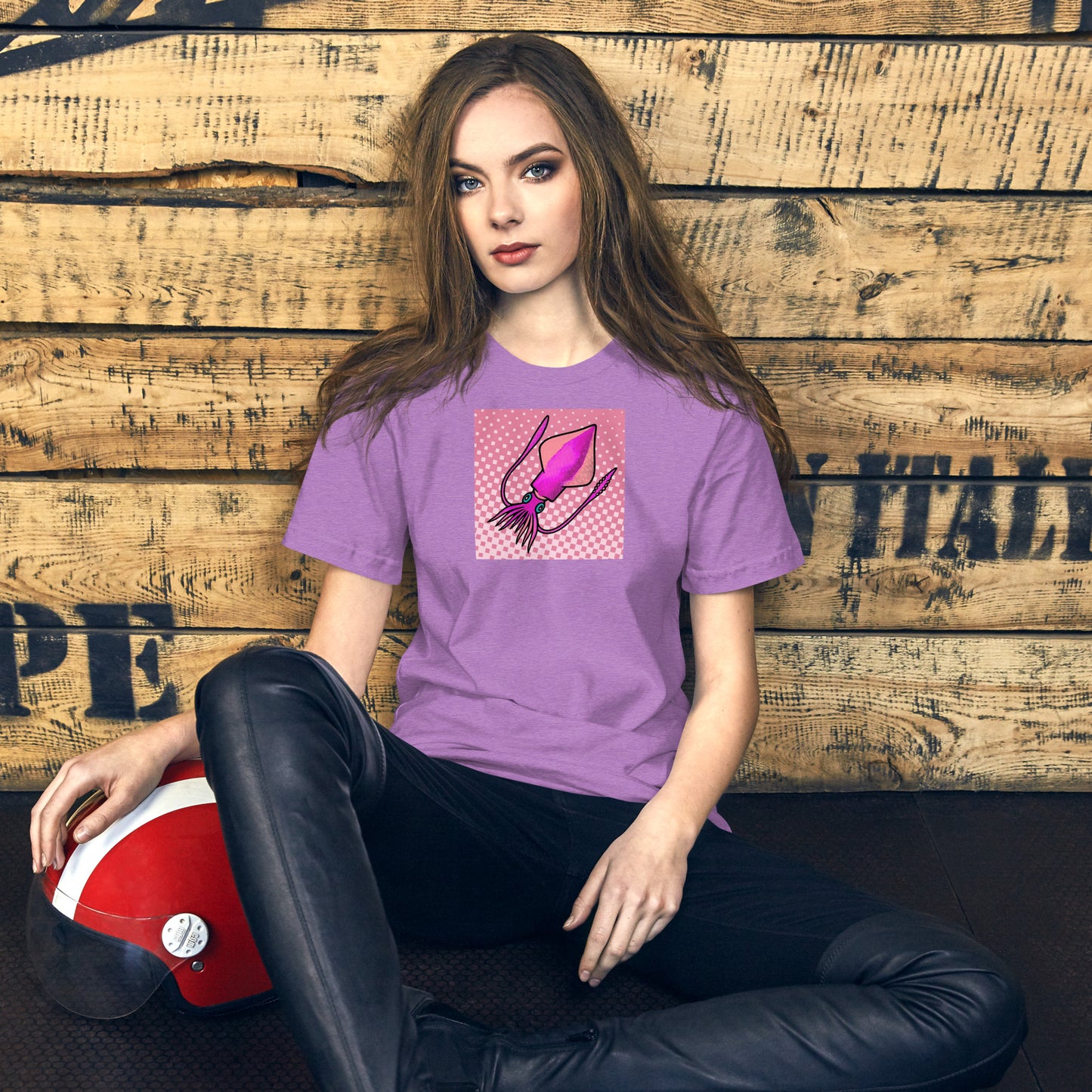 Loligo Vulgaris Squid pop art t-shirt — purple and pink squid illustration on bright unisex Bella Canvas tee